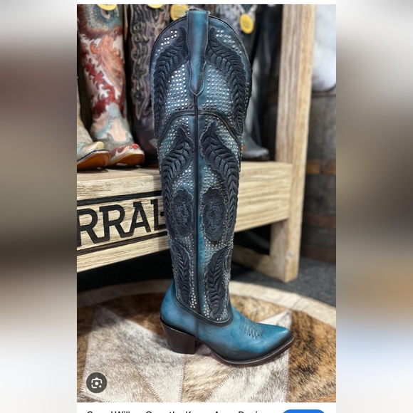 CORRAL Willow Over The Knee Black & Turquoise Western Boots ~3” Heel Inside Zip - Picture 5 of 16